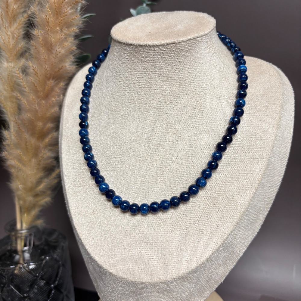Vintage Blue Beaded Necklace | Marbled Acrylic Jewelry | Single Strand | Retro